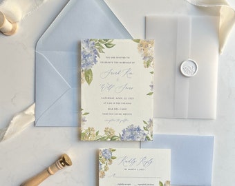 Blue Hydrangea Wedding Invitations | Printed Semi-Custom Wedding Stationery | Floral Vellum Jacket and Wax Seal | Dusty Blue Wedding