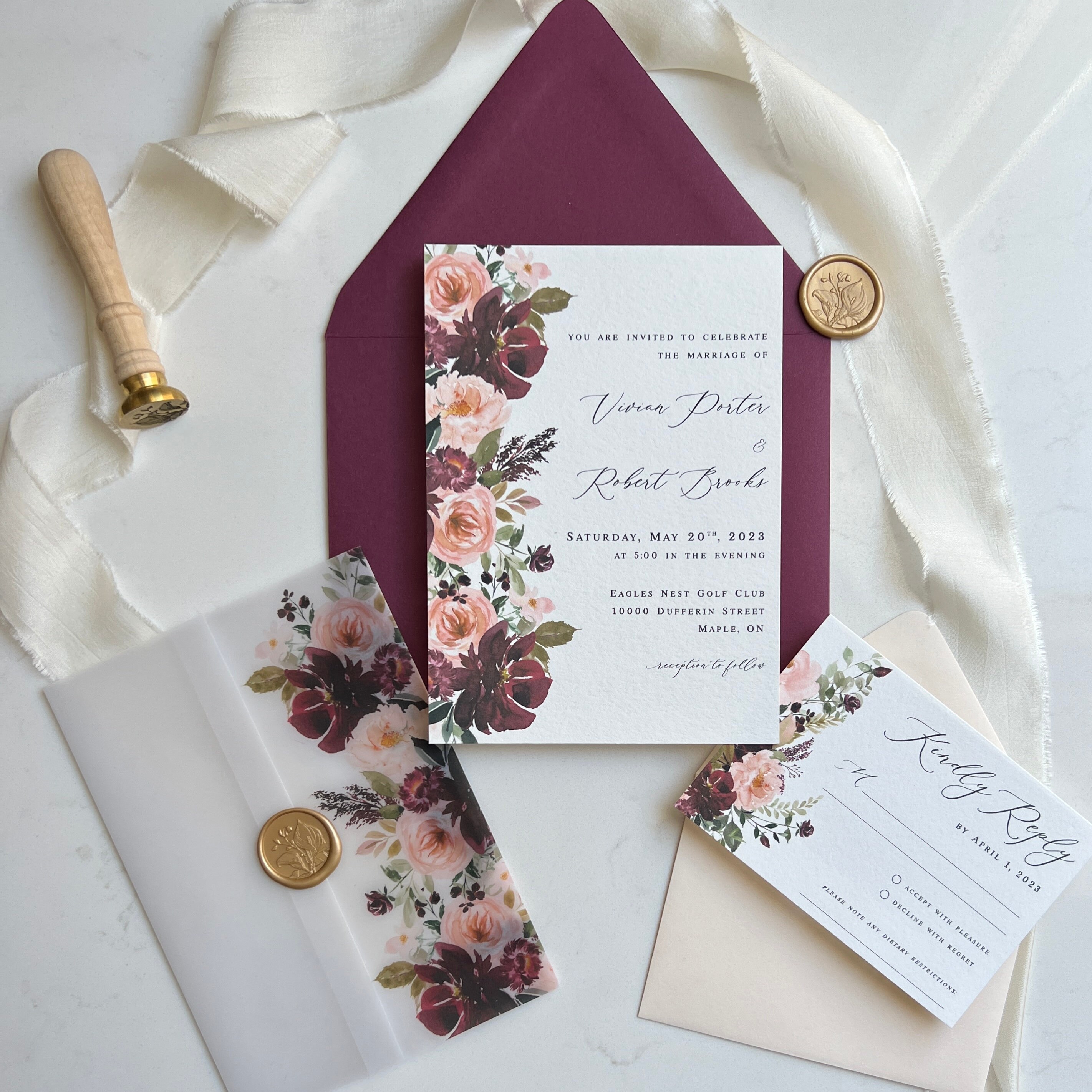 Burgundy and Blush Floral Vellum Wedding Invitation - Cotton Willow Design  Co.