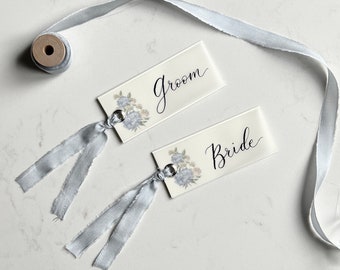 Celebration Floral Place Cards | Calligraphy Place Cards | Handlettered Escort Cards | Ribbon Name Cards | Handmade Place Cards with Ribbon