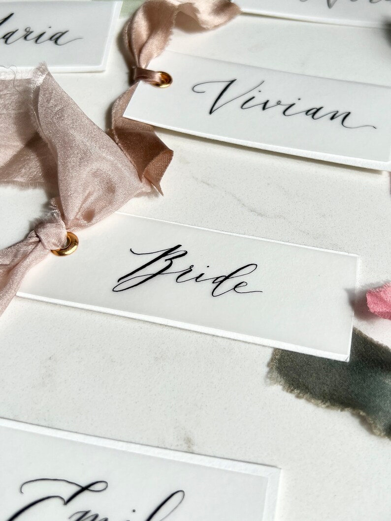 Wedding Place Cards Calligraphy Place Cards Handlettered Escort Cards Ribbon Name Cards Handmade Place Cards with Ribbon image 5