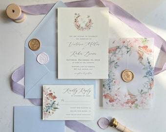 Printed Semi-Custom Wedding Invitation | Garden Party Floral Lily Wedding Invite | Multicolor Vellum Jacket | Wax Seal | Wedding Stationery