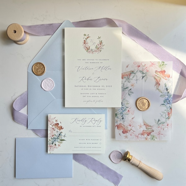 Printed Semi-Custom Wedding Invitation | Garden Party Floral Lily Wedding Invite | Multicolor Vellum Jacket | Wax Seal | Wedding Stationery