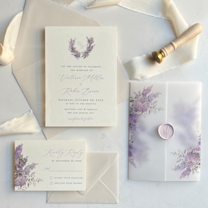 Hochzeitseinladungen Flieder | Halb-bedrucktes Hochzeits-Briefpapier mit Pergament-Jacke & Wachs-Siegel