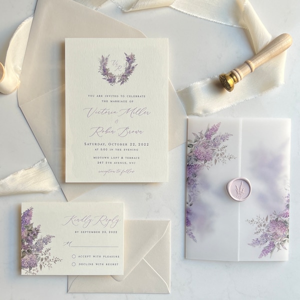 Printed Semi-Custom Wedding Invitation | Lilac Wedding Invite | Lilac Vellum Jacket | Wax Seal | Lavender Purple Wedding Stationery