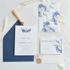 Blue Floral Wedding Invitations | Semi-Custom Wedding Stationery | Floral Vellum Jacket and Wax Seal