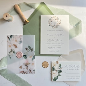 Magnolia-huwelijksuitnodigingen | Gedrukt semi-custom bruiloftsbriefpapier | Vellum jas en lakzegel met bloemen