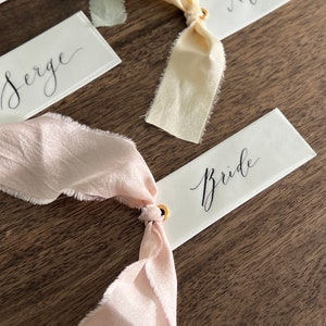 Wedding Place Cards Calligraphy Place Cards Handlettered Escort Cards Ribbon Name Cards Handmade Place Cards with Ribbon image 1