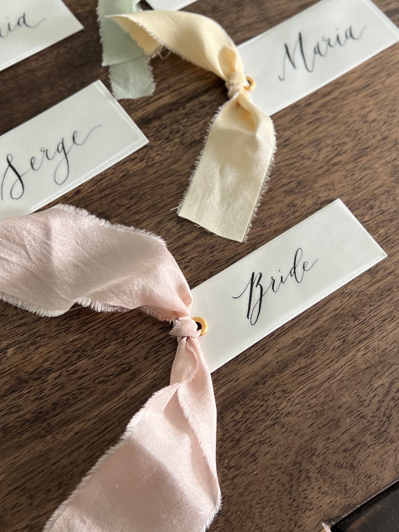 Wedding Place Cards Calligraphy Place Cards Handlettered Escort Cards Ribbon Name Cards Handmade Place Cards with Ribbon image 1