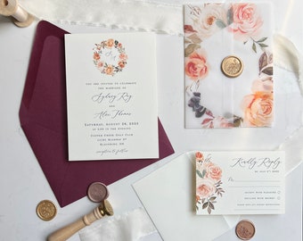 Printed Semi-Custom Wedding Invitation | Golden Blush  Wedding Invite | Autumn Floral Vellum Jacket | Wax Seal | Wedding Stationery