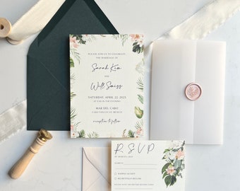 Printed Semi-Custom Wedding Invitation | Tropical Destination Wedding Invites | Vellum Jacket | Wax Seal | Tropical Wedding Stationery