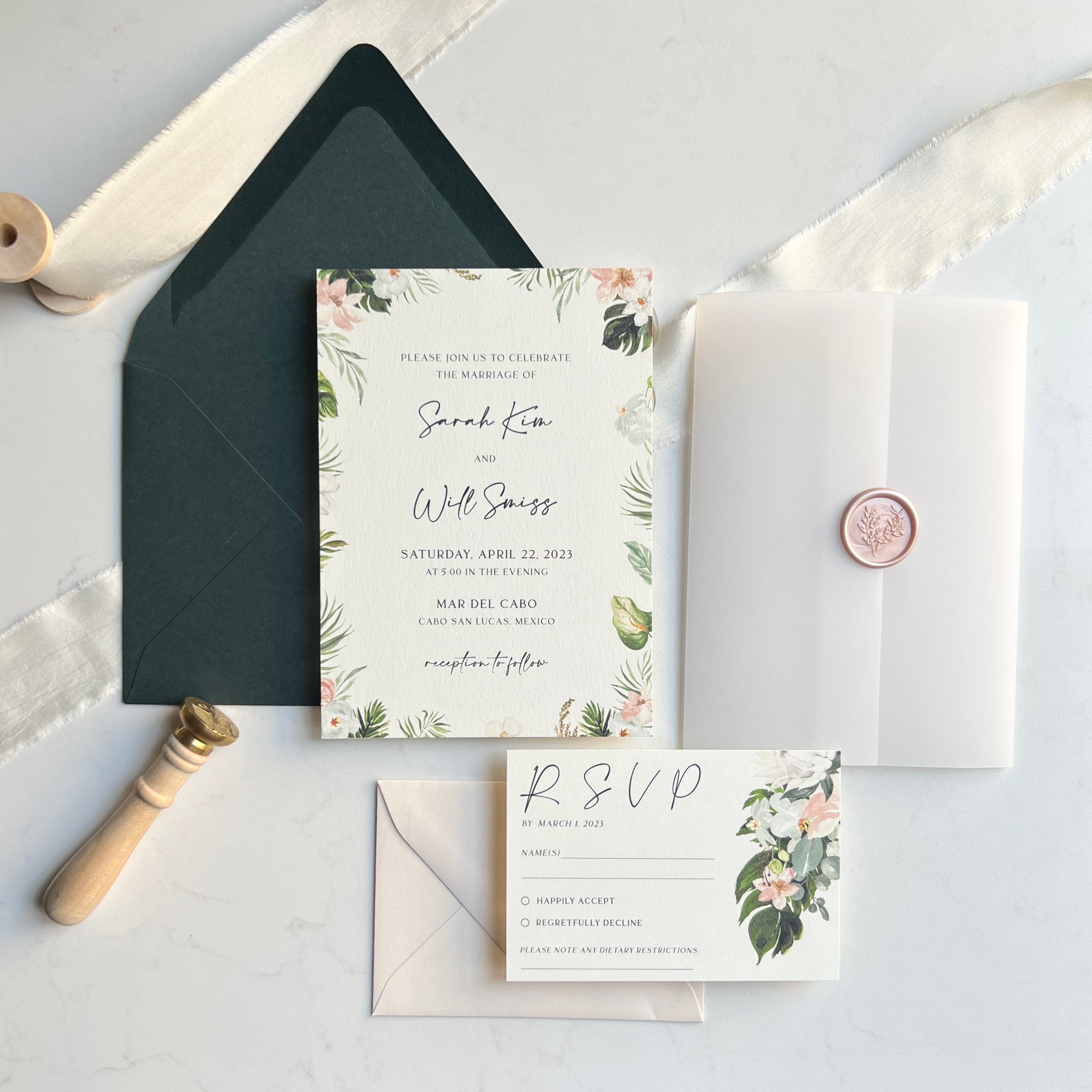 Tropical Wedding Invitations | Destination Wedding | Printed Semi-Custom Wedding Stationery | Vellum Jacket & Wax Seal
