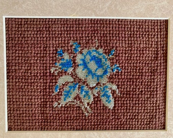 Antique Beaded 1847 Blue and Silver Rose Sampler Framed with Provenance