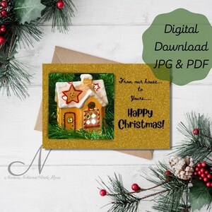 Postal imprimible 4x6 para Navidad, Postal navideña con Casa de jengibre JPG, Descarga digital Postal de Navidad PDF, Estrella