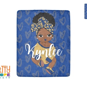 Personalized Royal Blue and Gold Baby Girl Blanket - Headwrap Baby Blanket - African American Baby Girl Blanket - Royal Baby Shower Gift