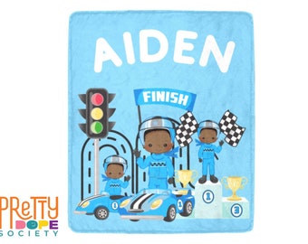 Speed Racer Boy Personalized Blanket - Black Boy Race Car Throw Blanket - Gift for Black Boy - African American Boy Racing Blanket