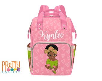 Personalized Pink and Green Hearts Diaper Bag - African American Baby Girl Diaper Bag - Baby Shower Gift - Baby Backpack - Custom Baby Bag