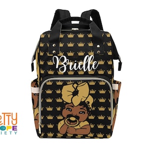Personalized Black and Gold Crown Girl Diaper Bag - Afro American Baby Girl Diaper Bag - Baby Shower Gift - Baby Bag - Custom Girl Baby Bag
