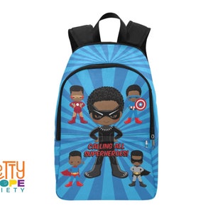 Black Boy Superhero Backpack (Dark Blue) - Black Boy Joy School Bag- Brown Kid Bookbag - Afro Boy Superheroes