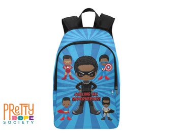 Black Boy Superhero Backpack (Dark Blue) - Black Boy Joy School Bag- Brown Kid Bookbag - Afro Boy Superheroes