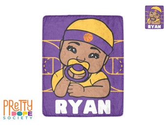 Purple and Gold Basketball Personalized Baby Boy Blanket - Afro American Baby Blanket - Baby Shower Gift - Black Boy Blanket - Bball Blanket