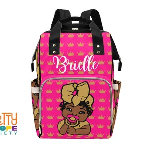 Hot Pink & Gold Crown Diaper Bag - Black Baby Girl - Personalized African American Baby Bag - Custom Diaper Backpack - Baby Shower Gift