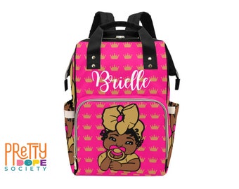 Hot Pink & Gold Crown Diaper Bag - Black Baby Girl - Personalized African American Baby Bag - Custom Diaper Backpack - Baby Shower Gift