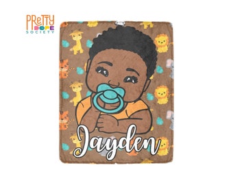 Personalized Safari Baby Blanket - Brown and Orange Baby Boy Blanket - Afro-American Baby Boy Blanket - Custom Boy Shower Gift - Jungle Gift