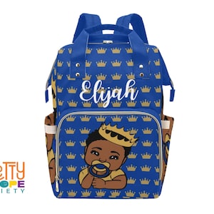 Royal Blue & Gold Crown Prince Diaper Bag - Black Baby Boy with Crown - Personalized Baby Bag - Custom Diaper Backpack - Baby Shower Gift