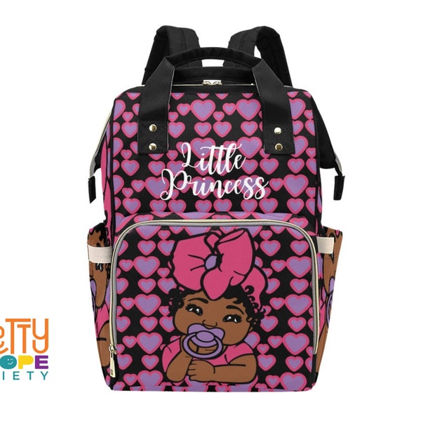 Little Princess Diaper Bag - Purple and Pink Hearts Diaper Bag - Afro American Baby Girl Diaper Bag - Baby Shower Gift - Black Girl Baby Bag