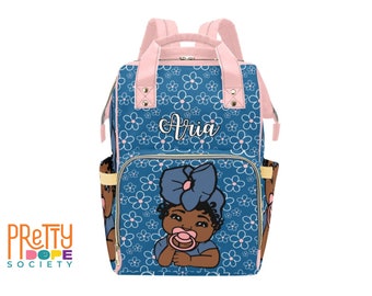 Denim Blue and Pink Diaper Bag - Personalized Diaper Bag - Floral Afro Baby Girl Diaper Bag - Baby Shower Gift - Black Girl Diaper Bag