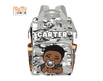 Gray Camo Personalized Diaper Bag - Shades of Gray - Camo Boy Baby Shower Gift - Custom Name Baby Boy Bag - Multifunctional Backpack