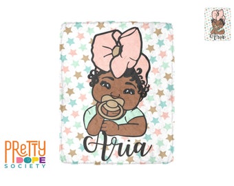 Personalized Pink, Seafoam, Gold Star Baby Girl Blanket - Headwrap Baby Blanket - African American Baby Girl Blanket - Baby Shower Gift