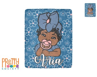 Denim Blue & Pink Personalized Baby Girl Blanket - Fashion Headwrap Baby Blanket - Afro American Baby Girl Blanket - Floral Baby Shower Gift