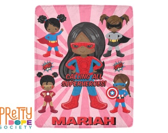 Personalized Superhero Black Girl Blanket - Black Girl Magic Throw Blanket - Gift Idea for Black Girl - African American Superhero Blanket