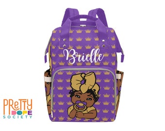Personalized Purple & Gold Crown Diaper Bag - African American Baby Girl Bag - Custom Name Baby Shower Gift - Cute Diaper Backpack for Girls