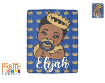 Manta personalizada para bebés con corona azul real y oro - Manta para bebés afroamericana - Regalo de baby shower - Manta para niños negros - Manta para bebés reales