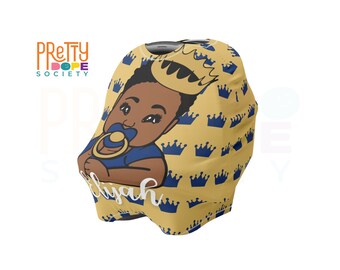 Personalized Baby Car Seat Cover - Brown Baby Boy Seat Cover - Custom Nursing Cover - Gold and Blue Crown - Prince Baby Shower Gift 4-in-1