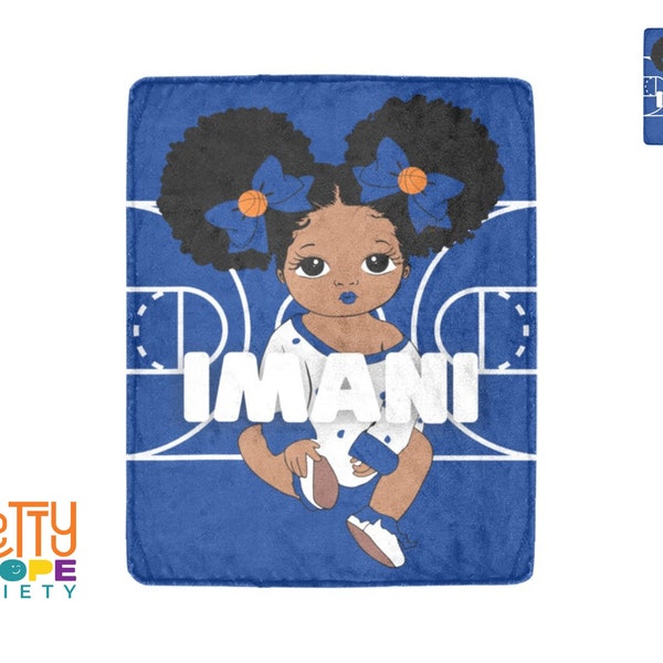 Blue and White Basketball Personalized Baby Girl Blanket - Afro American Baby Blanket - Baby Shower Gift - Black Girl Baby Blanket