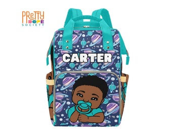 Space Baby Personalized Diaper Bag - African American Baby Diaper Bag - Shower Gift - Custom Baby Boy Bag - Multifunctional Baby Backpack