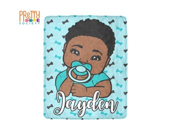 Personalized Blue and Black Little Man Blanket - Bow Tie Baby Boy Blanket - Afro-American Baby Boy Blanket - Custom Baby Shower Gift