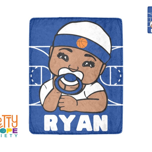 Blue and White Basketball Personalized Baby Boy Blanket - Afro American Baby Blanket - Baby Shower Gift - Boy Bball Blanket
