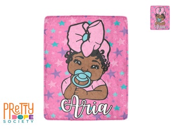 Pink and Blue Personalized Baby Girl Blanket - African American Baby Girl Blanket - Unique Baby Shower Gift - Fun & Vibrant Toddler Gift