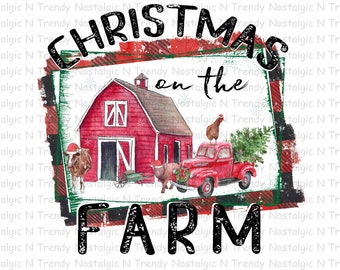 Christmas on the Farm with Red Truck Red Barn Ready to Press Sublimation Transfer, Holiday Farmhouse Sublimation Transfer Country Christmas