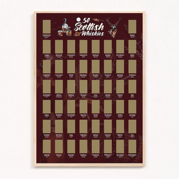 50 whiskies single malt écossais - Poster de la liste des seaux à gratter, cadeau whisky, whisky, cadeau écossais, cadeau pour partenaire