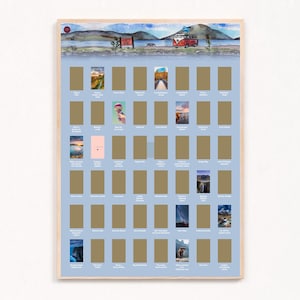 May include: A framed travel scratch-off map with a light blue background and a watercolor illustration of a landscape at the top. The map features numerous rectangular scratch-off locations, ideal for marking visited places. The frame is made of light-coloured wood.