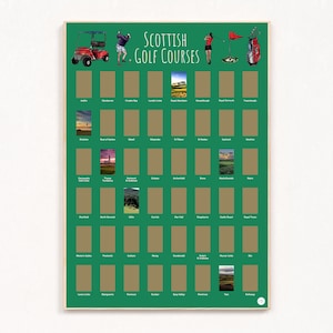 50 parcours de golf - affiche de la liste des seaux à gratter, cadeau de golf écossais, clubs de golf écossais, golf écossais, cadeau écossais