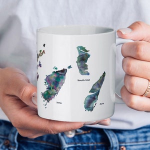 Ceramic Scottish Islands Mug - Gigha, Skye, Benbecula, Orkney Isles, Iona, South Uist, Jura
