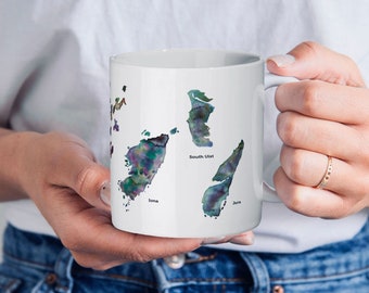 Ceramic Scottish Islands Mug - Gigha, Skye, Benbecula, Orkney Isles, Iona, South Uist, Jura