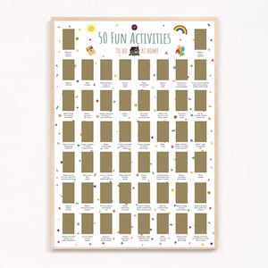Könnte beinhalten: Ein druckbarer Poster mit 50 lustigen Aktivitäten, die man zu Hause machen kann. Der Poster hat einen weißen Hintergrund mit bunten Konfetti und einem Regenbogen. Der Poster ist in einem hellen Holzrahmen gerahmt.