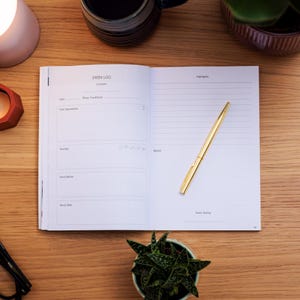 May include: An open notebook with the words "SWIM LOG" at the top, and a gold pen resting on the right page. The notebook has sections for recording details like location, date, and mood. A small potted plant and a mug are also visible.